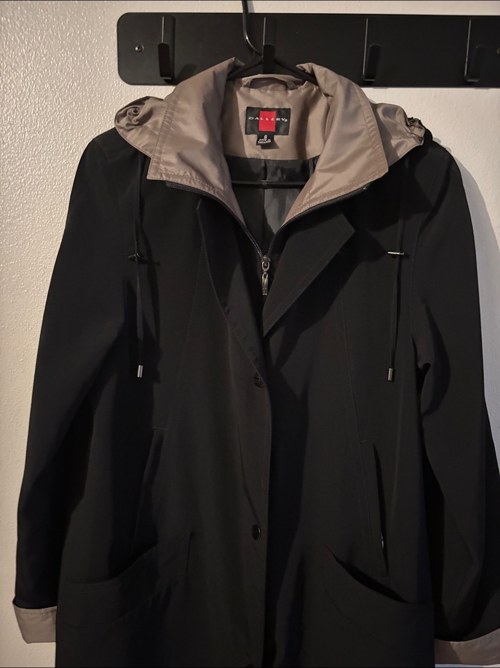 Gallery S Black Tan Contrast Full Snaps Pockets Hooded Knee Length Trench Coat